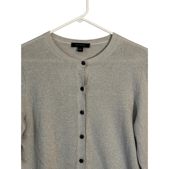 ANN TAYLOR Women’s Silver Metallic Sparkly Shimmery Crewneck Cardigan Size Large - Picture 2 of 9